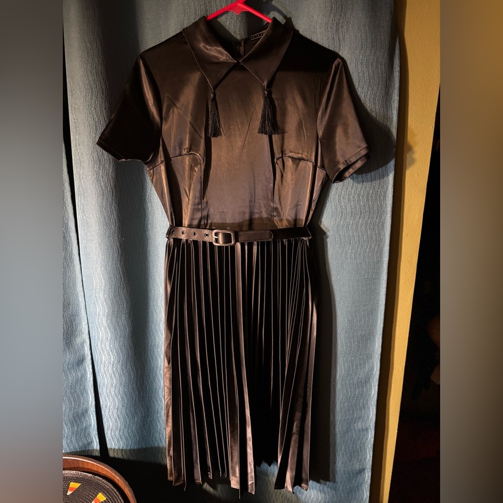 Katakomb Black Satin Pleated Dress w/belt